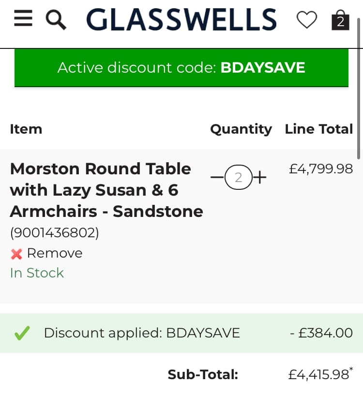 Screenshot of the Glasswells discount code working