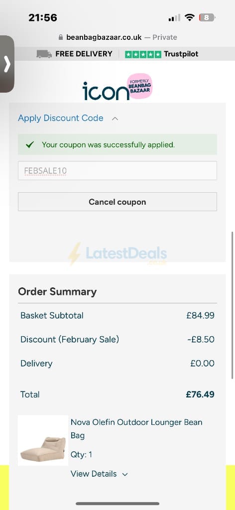 Screenshot of the Bean Bag Bazaar discount code working