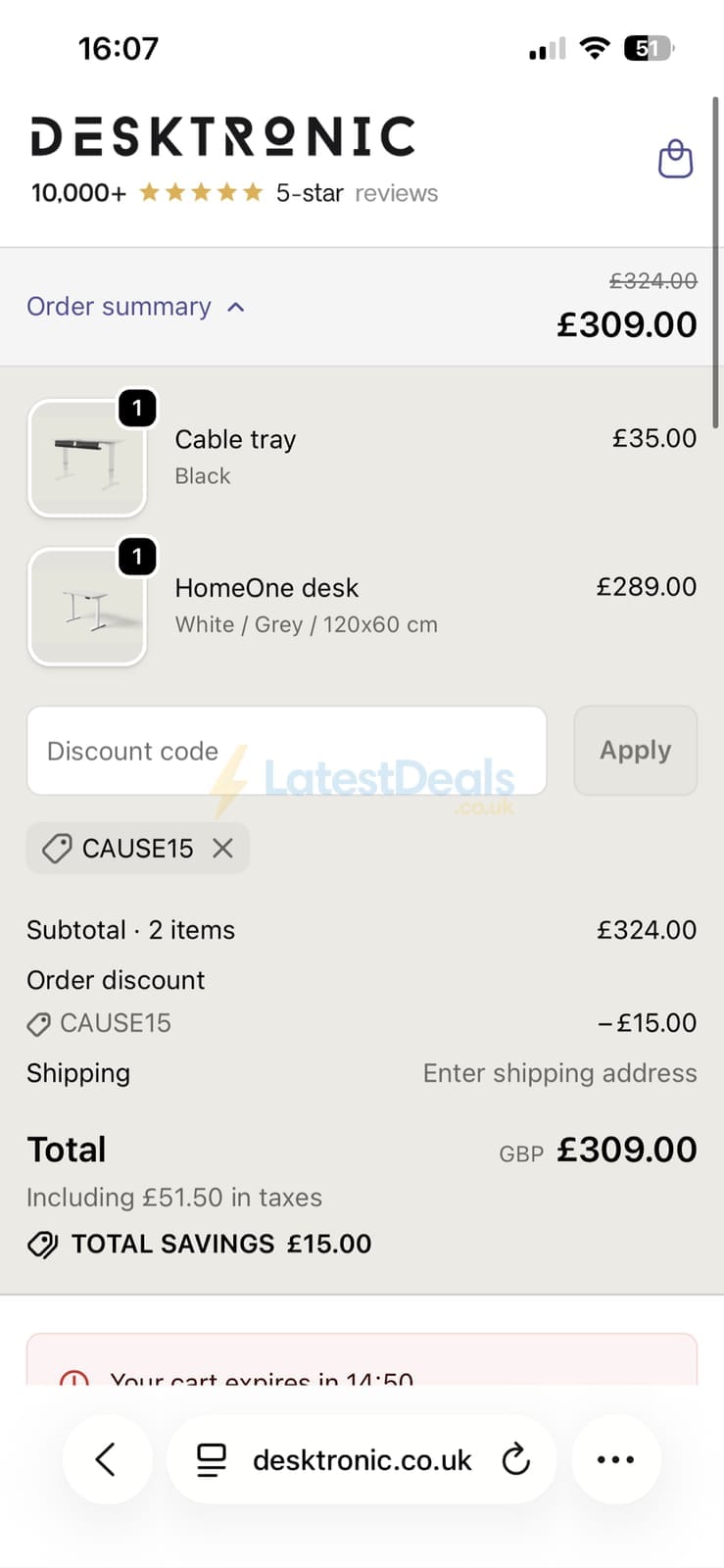 Screenshot of the Desktronic discount code working