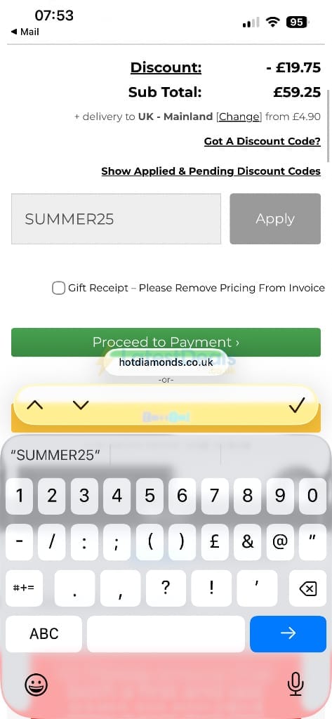 Screenshot of the Hot Diamonds discount code working