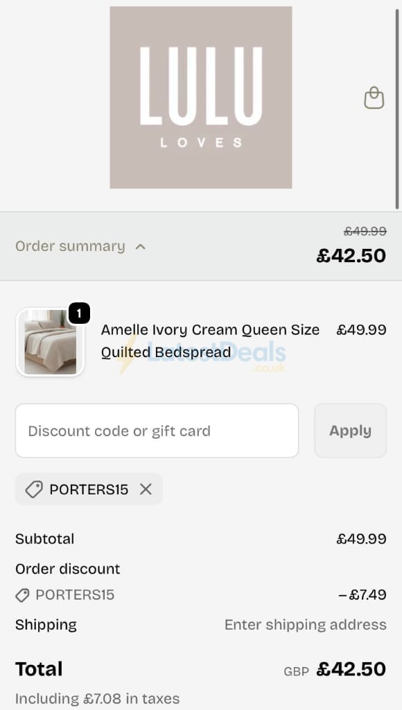 Screenshot of the LULU Loves discount code working