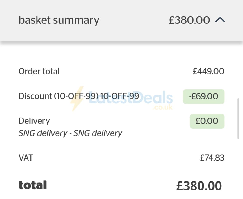 Screenshot of the Silentnight discount code working