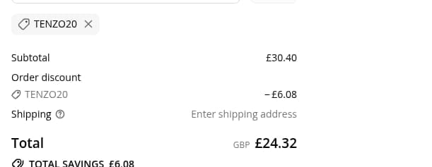 Screenshot of the Tenzo Tea discount code working