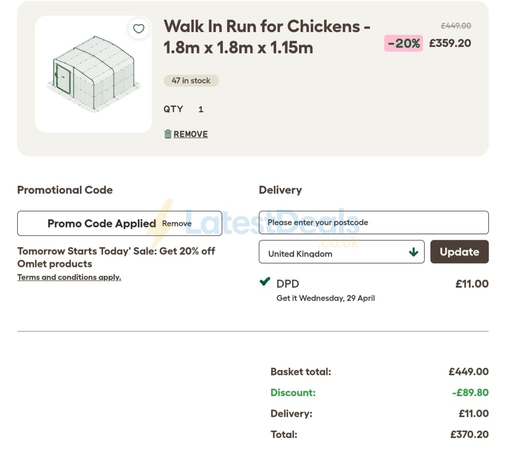 Screenshot of the Omlet discount code working