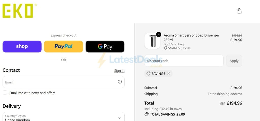 Screenshot of the EKO Home discount code working