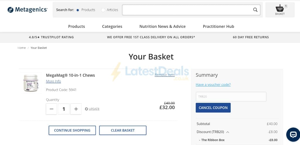 Screenshot of the Metagenics UK discount code working