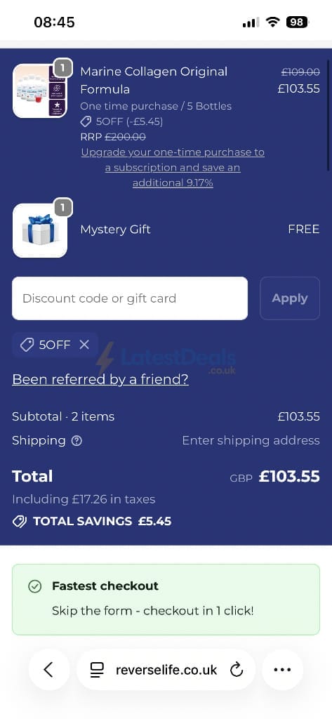 Screenshot of the Reverse Life discount code working