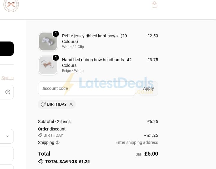 Screenshot of the the-bow-boutique.co.uk discount code working