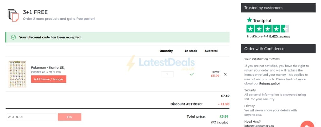Screenshot of the UKposters discount code working
