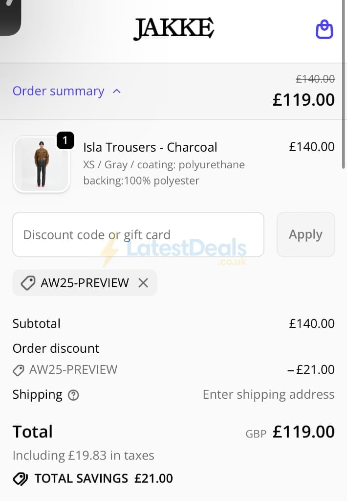 Screenshot of the Jakke discount code working