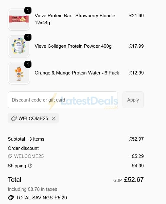 Screenshot of the Vieve discount code working