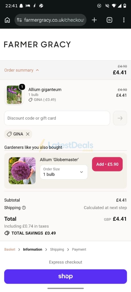 Screenshot of the Farmer Gracy discount code working