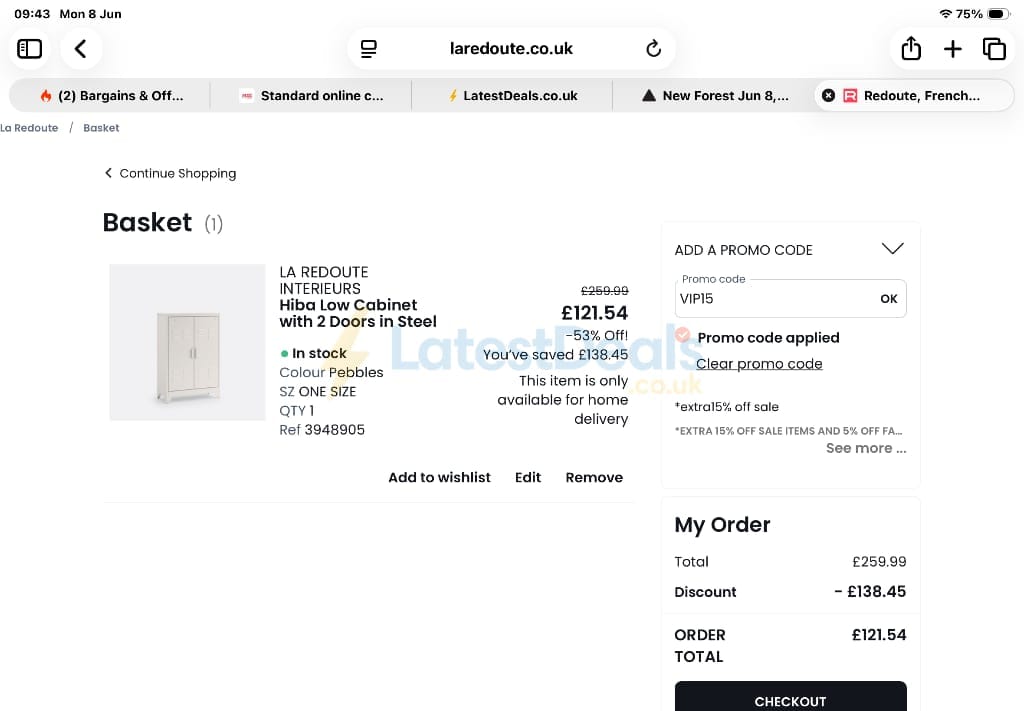 Screenshot of the La Redoute discount code working