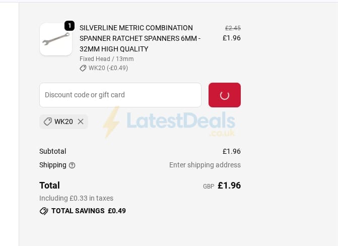 Screenshot of the Tooltime discount code working