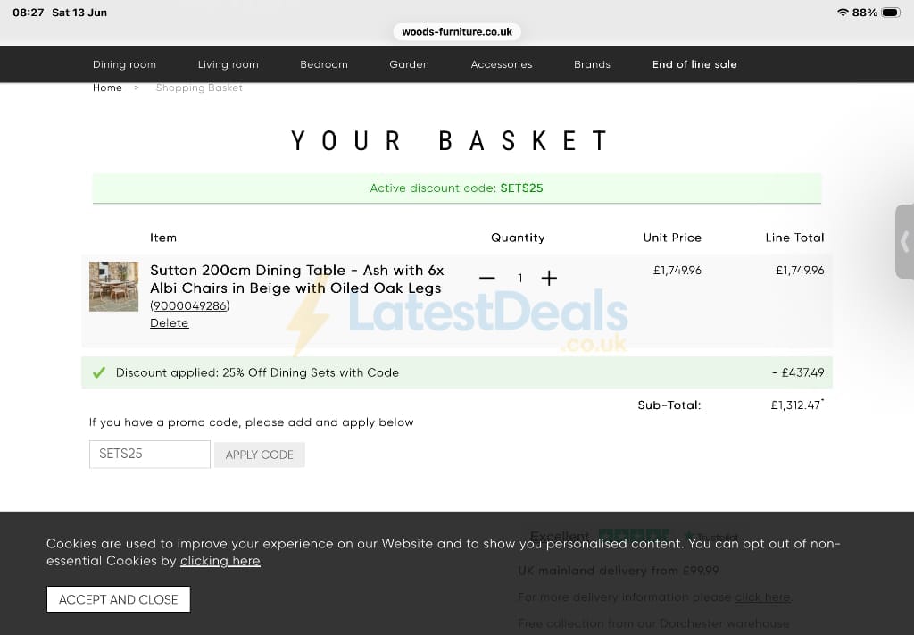 Screenshot of the Woods Furniture discount code working