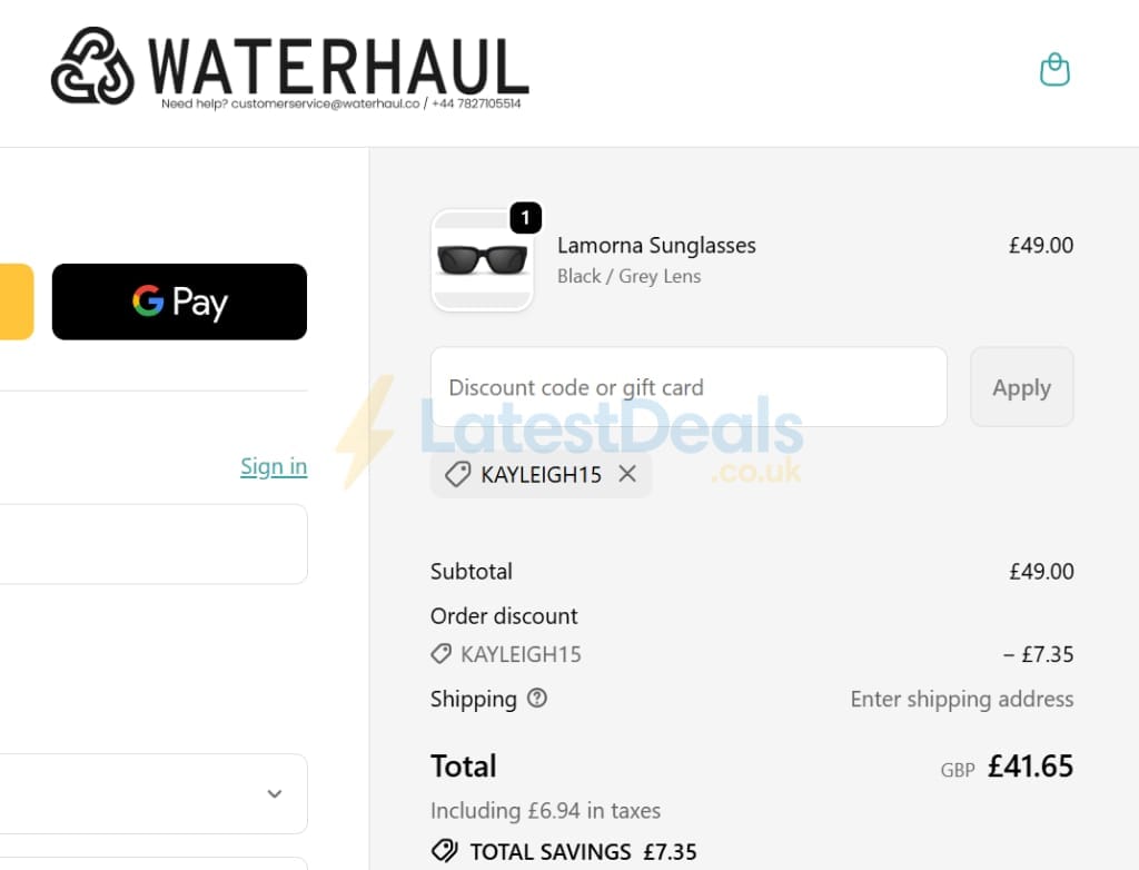 Screenshot of the Waterhaul discount code working