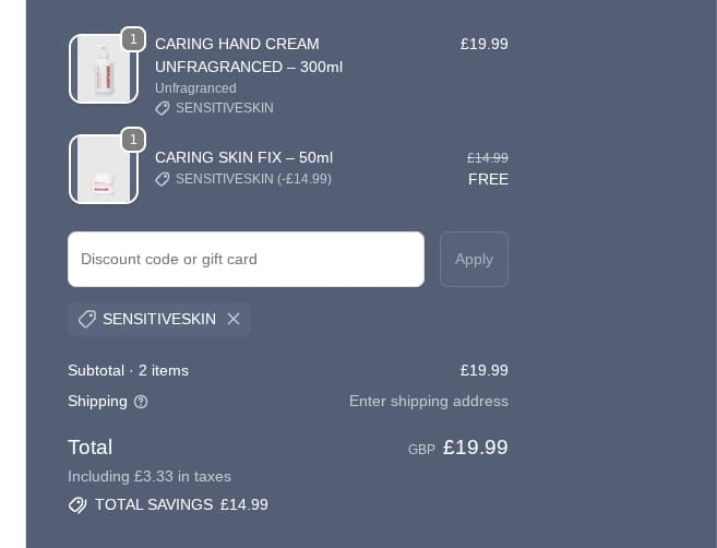 Screenshot of the Nursem discount code working