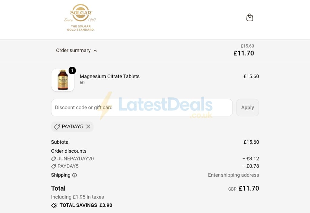 Screenshot of the Solgar discount code working