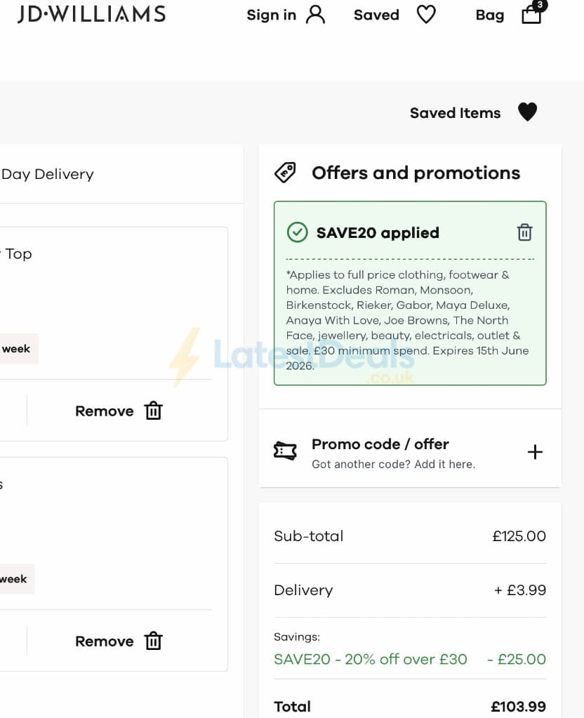 Screenshot of the JD Williams discount code working