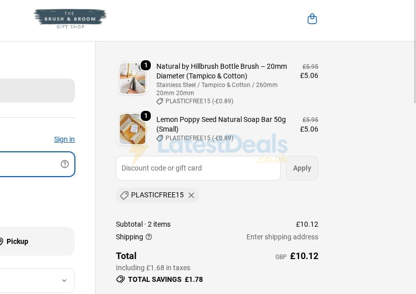 Screenshot of the The Brush & Broom discount code working