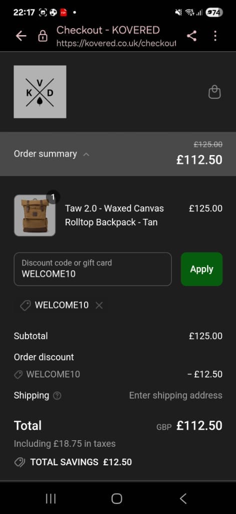 Screenshot of the KOVERED discount code working