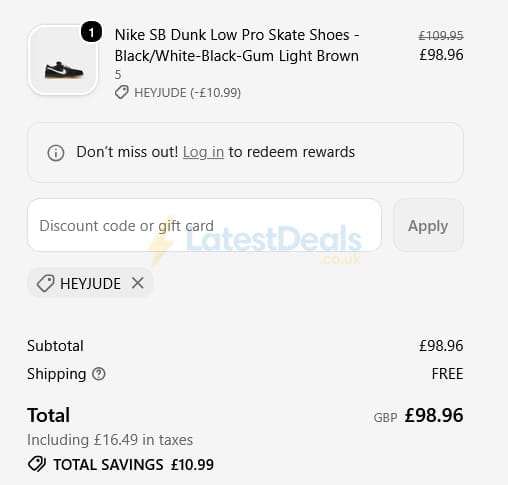 Screenshot of the Route One discount code working
