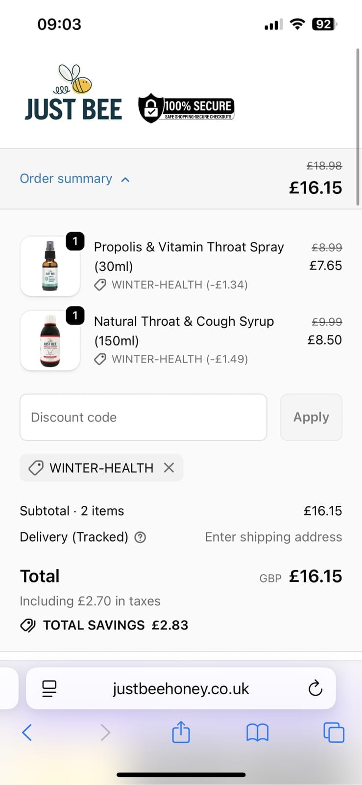 Screenshot of the Just Bee Honey discount code working