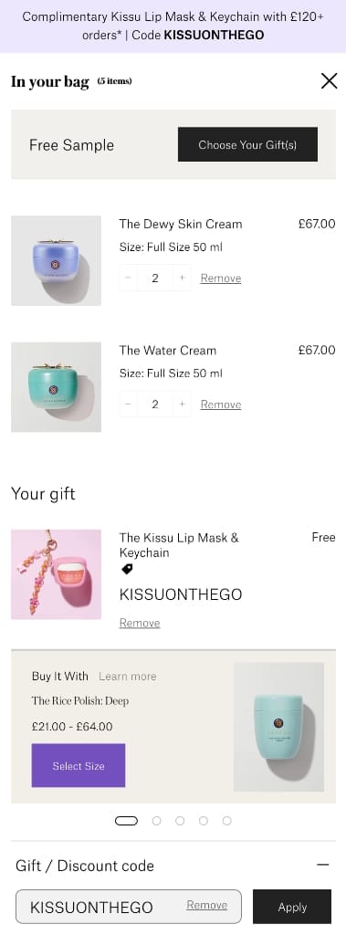 Screenshot of the Tatcha discount code working