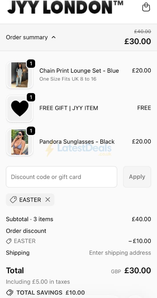 Screenshot of the JYY London discount code working
