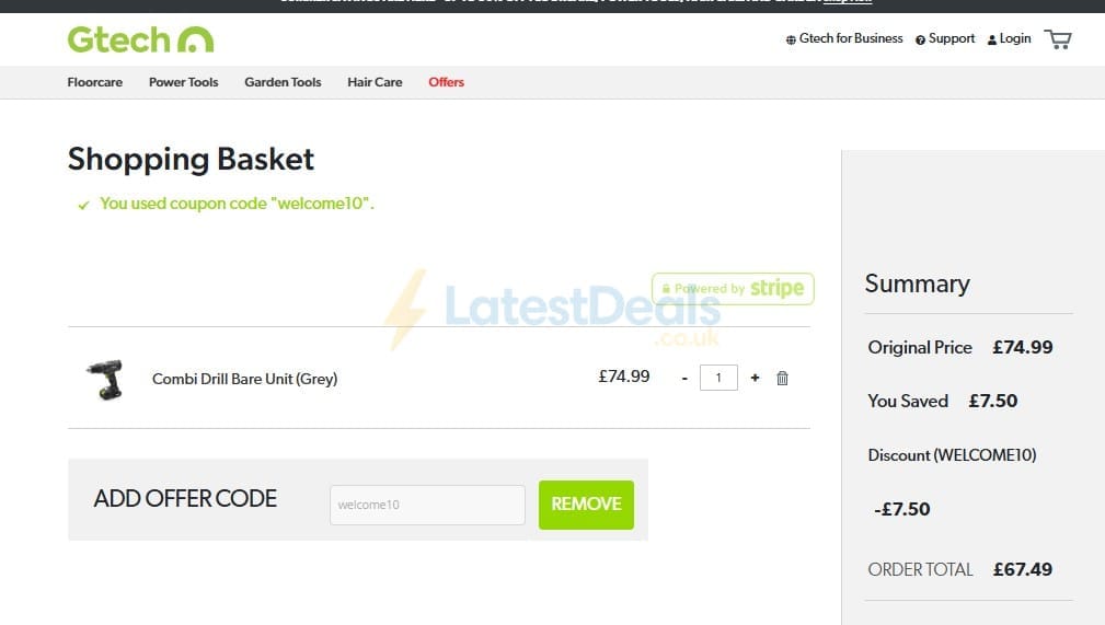 Screenshot of the Gtech discount code working