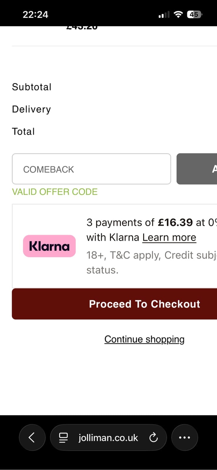 Screenshot of the Jolliman discount code working