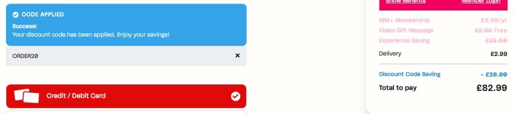 Screenshot of the Virgin Experience Days discount code working