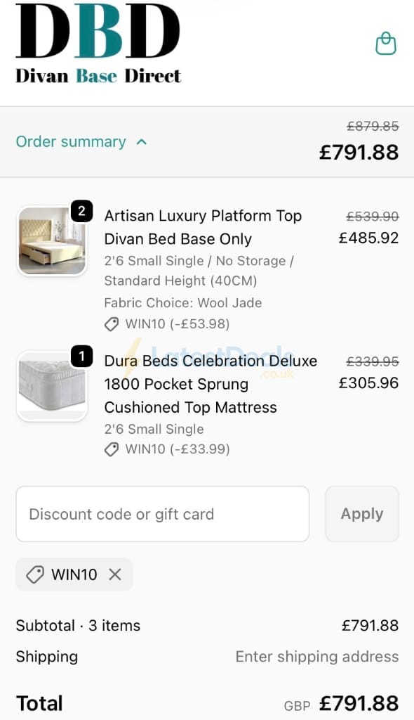 Screenshot of the Divan Base Direct discount code working