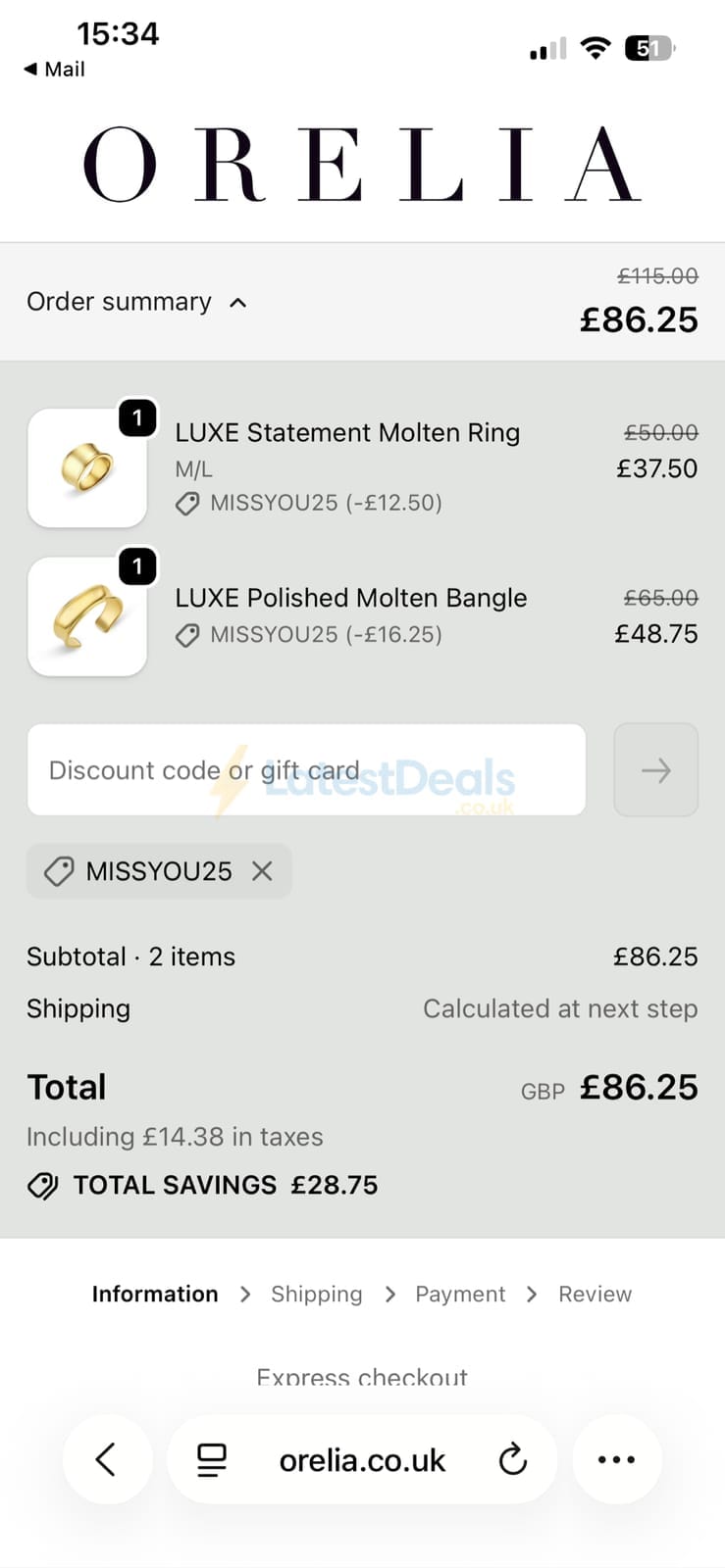 Screenshot of the Orelia discount code working