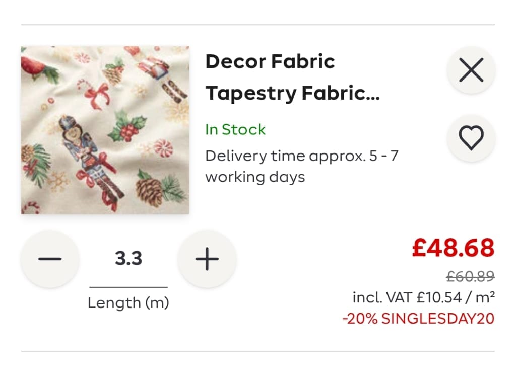 Screenshot of the My Fabrics discount code working