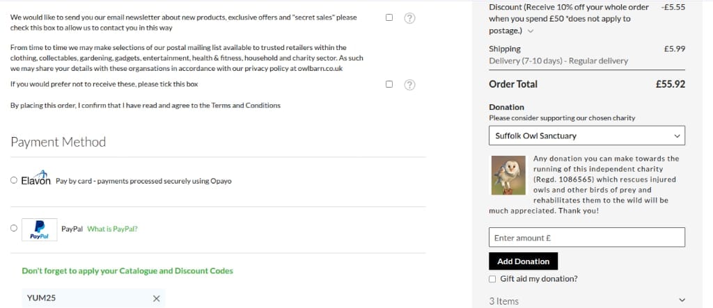Screenshot of the The Owl Barn Gift Catalogue discount code working