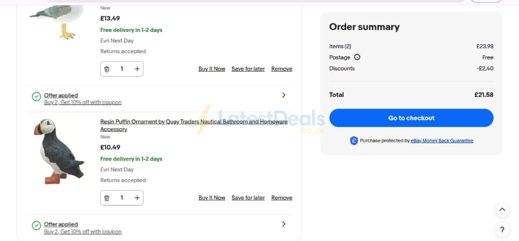 Screenshot of the ebay discount code working
