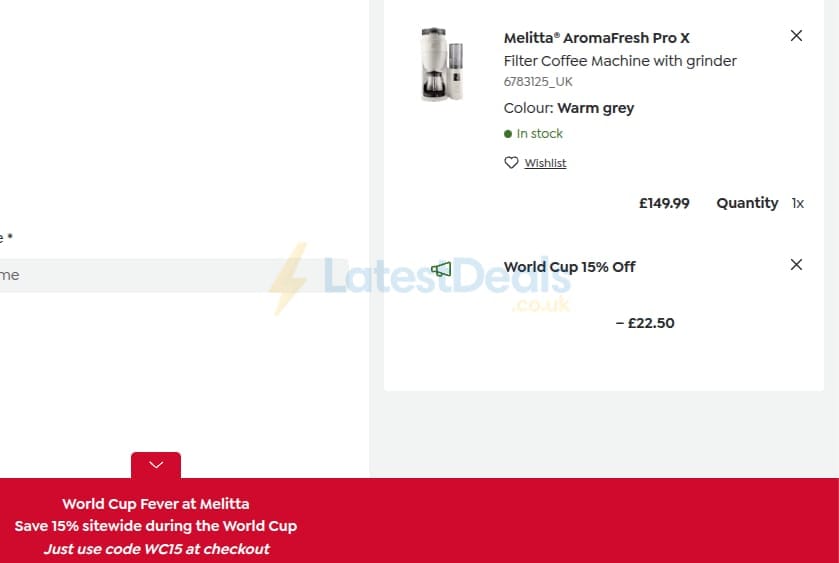 Screenshot of the Melitta UK discount code working