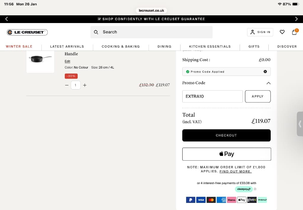 Screenshot of the Le Creuset discount code working
