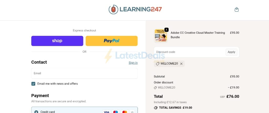 Screenshot of the Learning247 discount code working