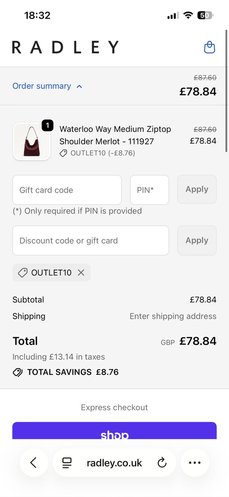 Screenshot of the Radley London discount code working