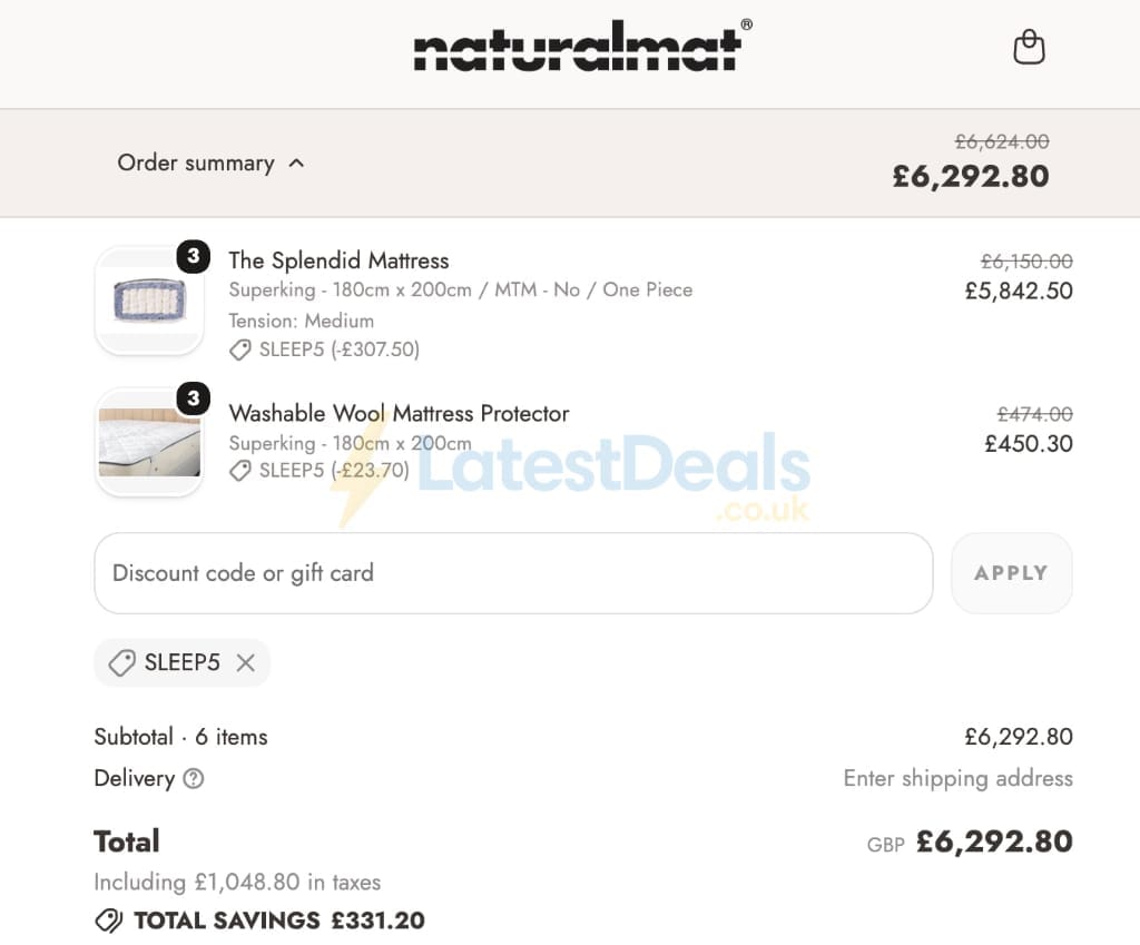 Screenshot of the Naturalmat discount code working