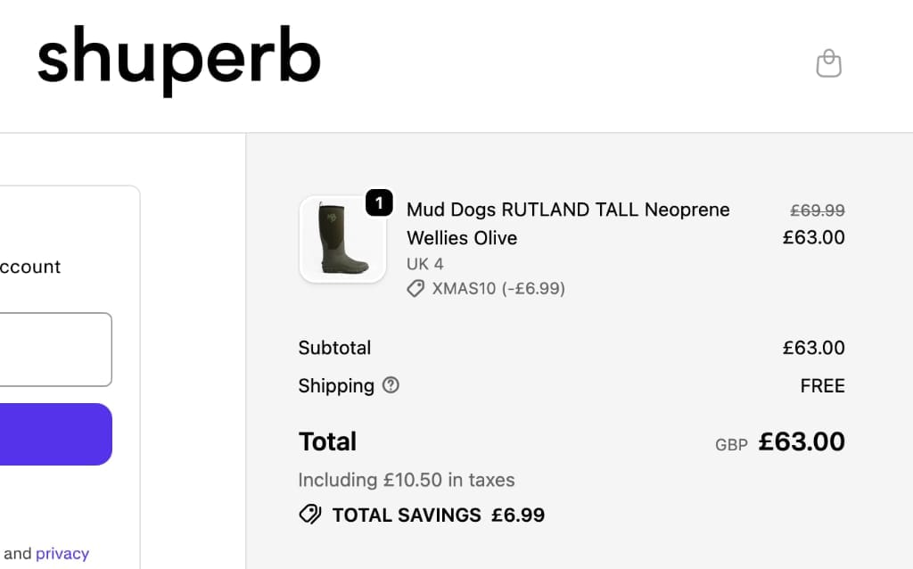 Screenshot of the Shuperb discount code working