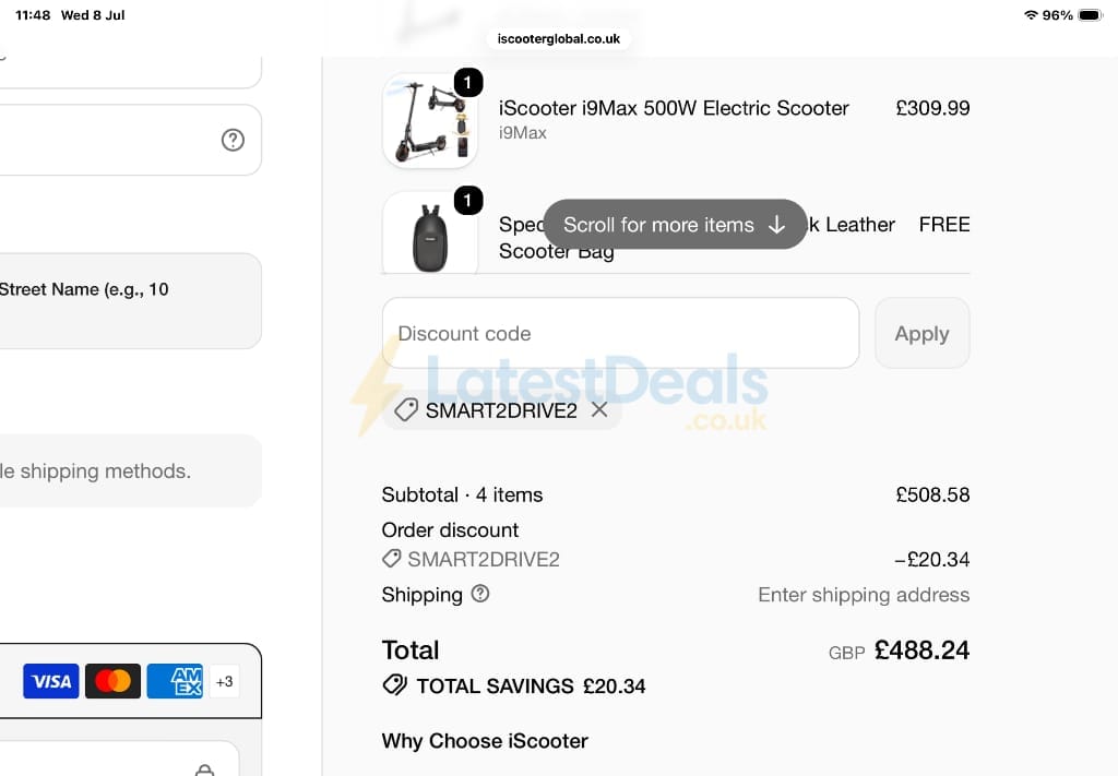 Screenshot of the iScooter discount code working