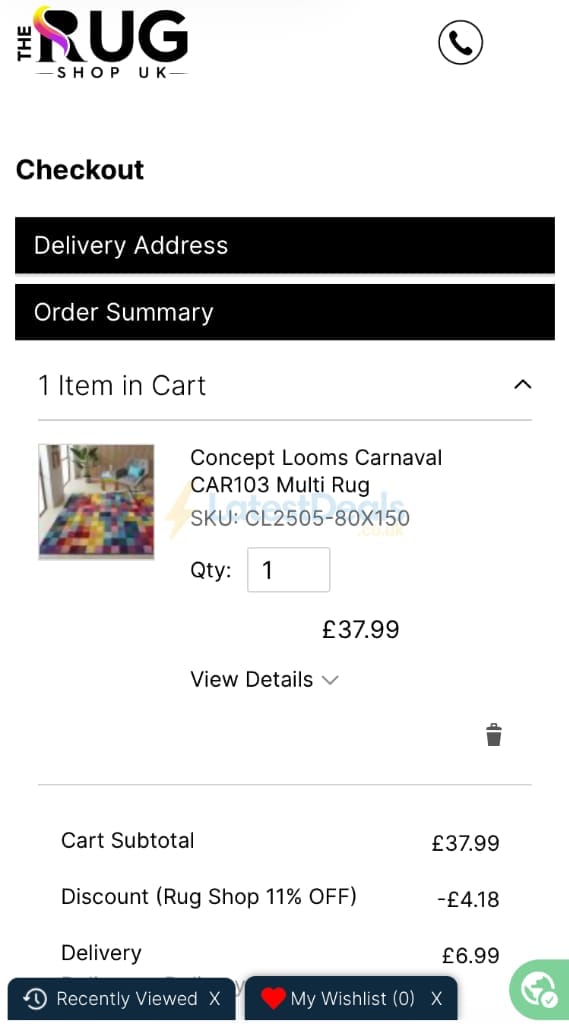 Screenshot of the The Rug Shop UK discount code working