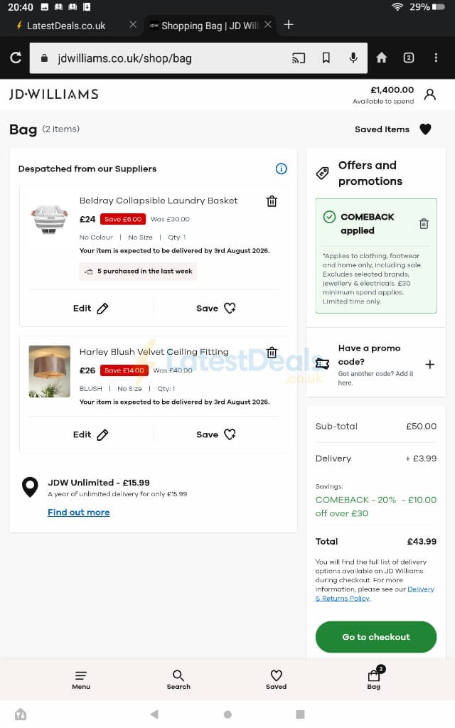 Screenshot of the JD Williams discount code working