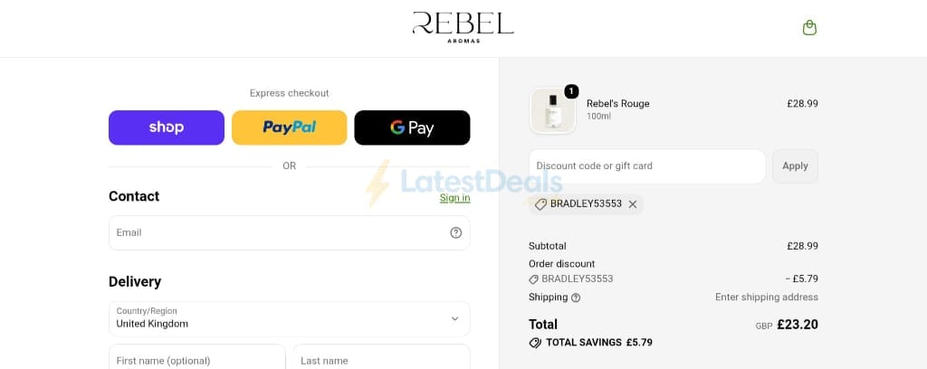 Screenshot of the Rebel Aromas discount code working
