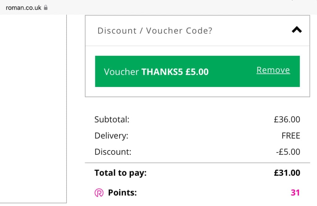 Screenshot of the Roman discount code working