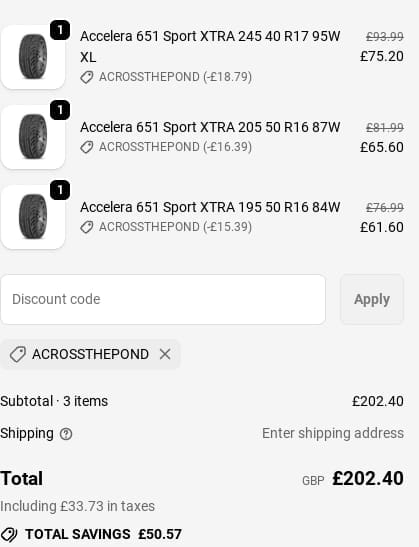 Screenshot of the Tire Streets discount code working