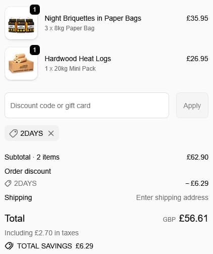 Screenshot of the Lekto Wood Fuels discount code working